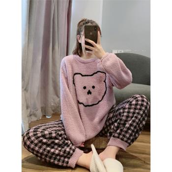 格子小熊軟綿綿女可愛珊瑚絨睡衣