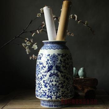 景德鎮青花瓷器陶瓷花瓶現代中式陶瓷畫缸書房辦公室客廳畫筒擺件