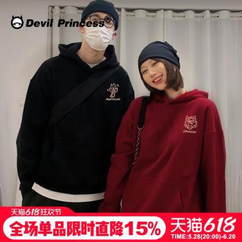 2024新年款情侶連帽衛衣小眾復古風卡通印花ins潮牌加絨套頭上衣