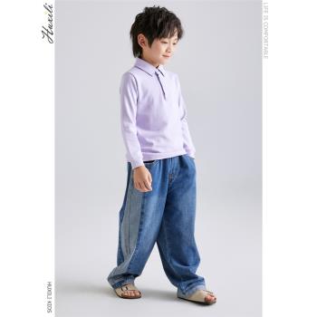 220G春秋裝polo衫男童長袖T恤翻領純棉舒適兒童打底衫秋季校服薄