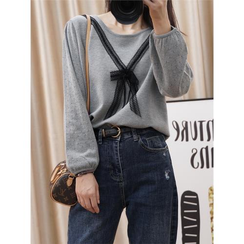 大碼110-200斤 巨彈綿軟蕾絲蝴蝶結毛衣減齡鏤空袖胖mm針織上衣春