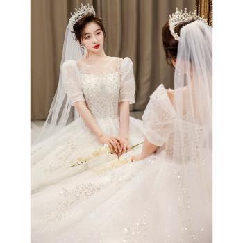 法式婚紗2024新款新娘主紗小個子禮服女奢華重工高級質感大碼拖尾