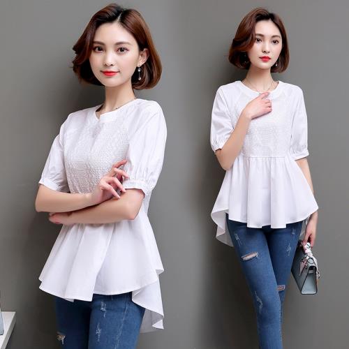 夏裝前短后長白色襯衫女娃娃衫上衣收腰寬松短袖中長款百搭襯衣棉