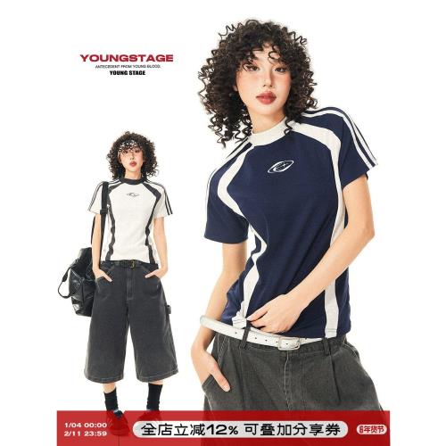 YOUNG STAGE美式復古插肩袖撞色短袖T恤女夏季辣妹修身運動短上衣