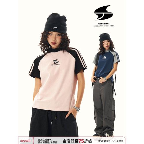 YOUNG STAGE 美式復古辣妹正肩短袖T恤女夏季插肩袖修身短款上衣