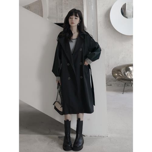 撞色拼接黑色風衣外套女春春秋新款小眾設計高級感小個子休閑大衣