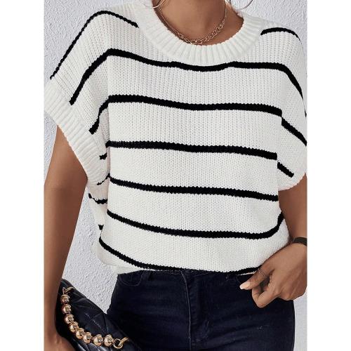 夏季新款條紋圓領落肩毛衣女2025歐美時尚寬松撞色套頭短袖上衣女