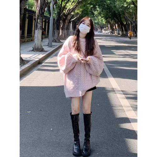奶fufu慵懶粉色毛衣女秋冬季2025新款超好看寬松外穿中長款針織衫