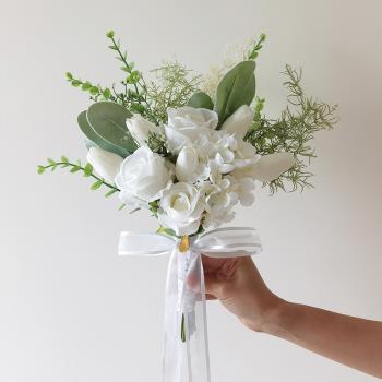 韓式新娘結婚手捧花領證拍照攝影道具白色鬱金香玫瑰手工模擬花束