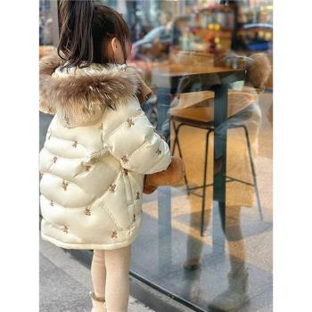 女童刺繡羽絨棉服中長款洋氣冬季大毛領加厚兒童冬裝外套2025新款