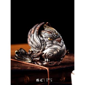 琢匠原創國風s925銀喜鵲新中式創意手把件辦公室家居飾品桌面擺件
