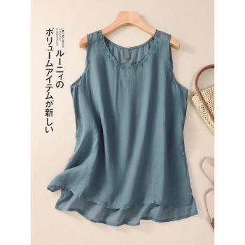 刺繡棉麻背心吊帶女夏季2024年新款中年媽媽休閑寬松遮肚無袖上衣