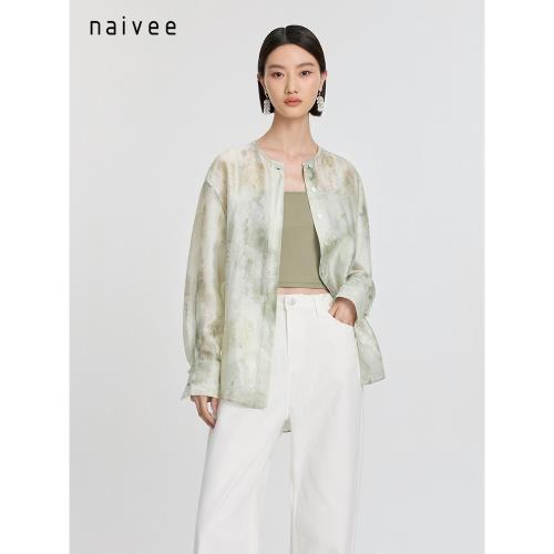 naivee納薇秋季新中式薄霧風水墨印花寬松輕薄云紗罩衫長袖襯衫女