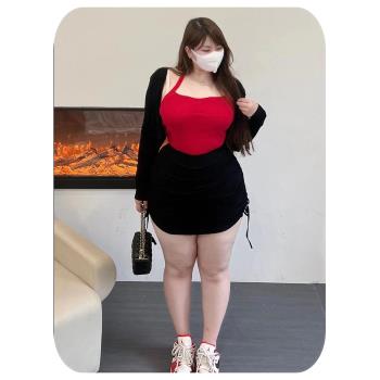 180的陳橙橙【三件套】大碼性感辣妹套裝吊帶上衣針織外套包臀裙