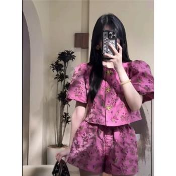 洋氣粉紫色提花女夏季泡泡袖上衣