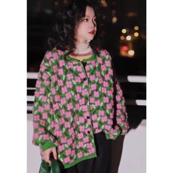 立體粉色毛衣外套針織開衫花朵