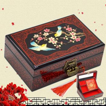 平遙漆器首飾盒中國風木質結婚新娘化妝盒陪嫁帶鎖精緻首飾收納盒