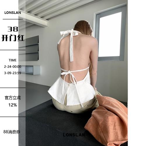 LONSLAN 2024夏季新款小眾設計純欲風露背掛脖綁帶娃娃背心上衣女