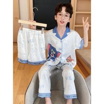 冰絲夏季短袖三件套大童卡通睡衣
