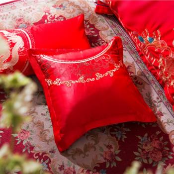 大紅色結婚喜慶靠枕套刺繡抱枕純棉全棉靠枕60*60沙發靠墊套一對