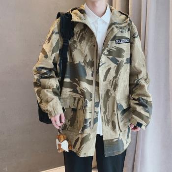 中長款風衣男秋季潮流高階感痞帥夾克美式復古迷彩色連帽工裝外套