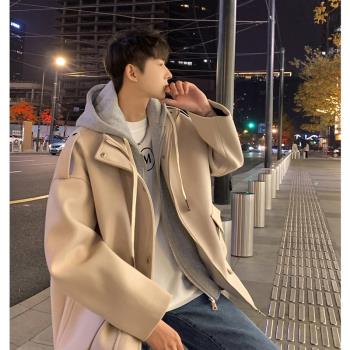 假兩件外套男秋季新款潮牌寬松百搭情侶款連帽風衣美式港風呢大衣