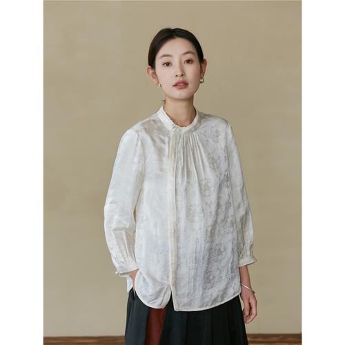 【懷筑】吉祥羽兒原創22MM真絲提花高領褶皺燈籠袖復古襯衫上衣女