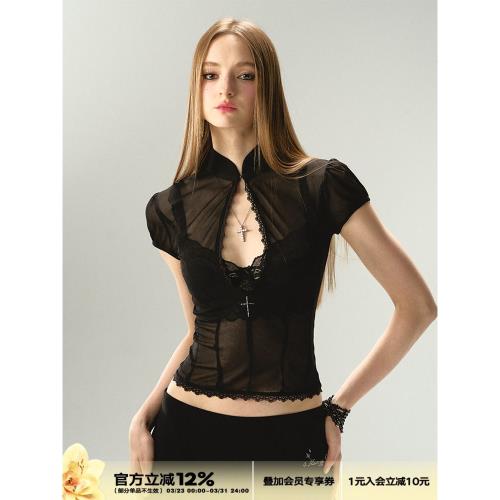 4muggle原創春夏新中式鏤空泡泡袖雪紡上衣性感襯衣吊帶顯瘦純欲