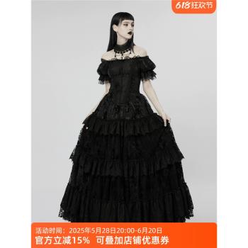 暗黑哥特華麗印花一字領禮服裙復古優雅大擺裙蕾絲連衣裙性感長裙