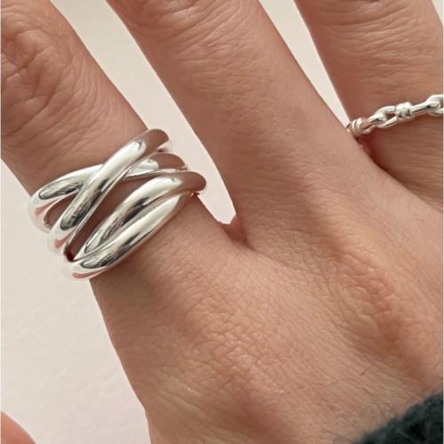 渡川醬重工線條交叉纏繞開口戒指女食指環925純銀多層ins小眾銀飾