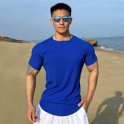 美式亨利衫男士訓練純色條紋彈力運動T恤肌肉運動半緊身健身短袖