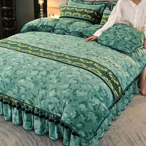 冬季珊瑚牛奶絨四件套床裙款床上用品雙面加厚法蘭法萊絨被套床單