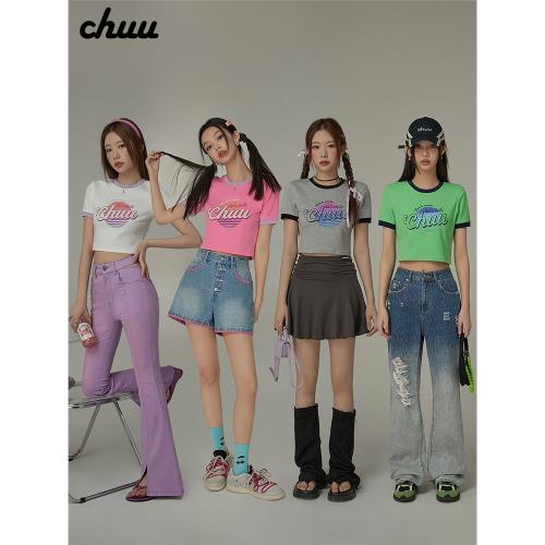 CHUU字母印花短袖T恤女2025夏季新款甜酷高妹修身小個子短款上衣