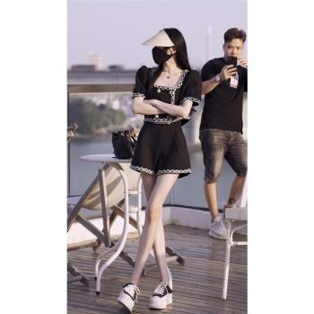 小香風麻雙排扣高腰闊腿短褲花邊