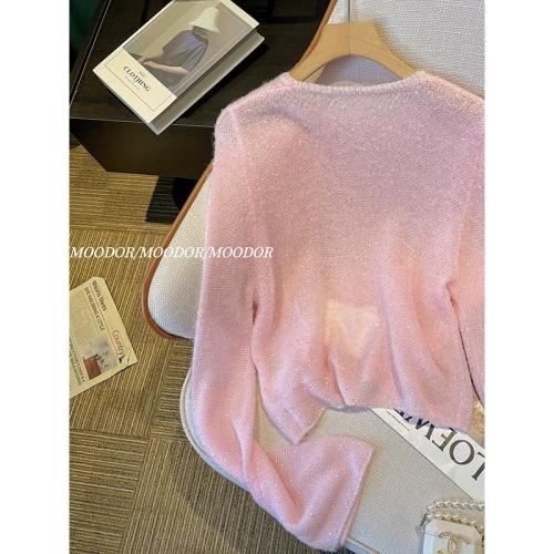 小香風粉色軟糯打底針織衫早秋2025減齡甜美亮片釘珠歐貨毛衣內搭