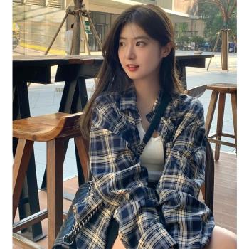 外套女藍色復古內搭長袖格子襯衫