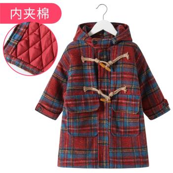 加夾棉保暖連帽紅格子毛呢大衣