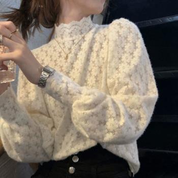 半高領早秋季韓版氣質長袖蕾絲衫
