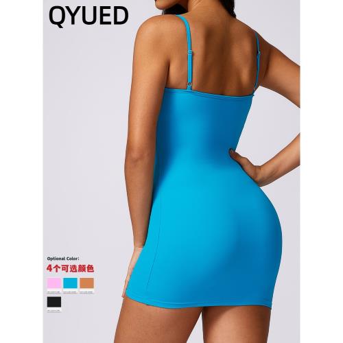 運動連衣裙帶胸墊包臀純欲內搭歐美性感彈力緊身連體服細肩帶調節