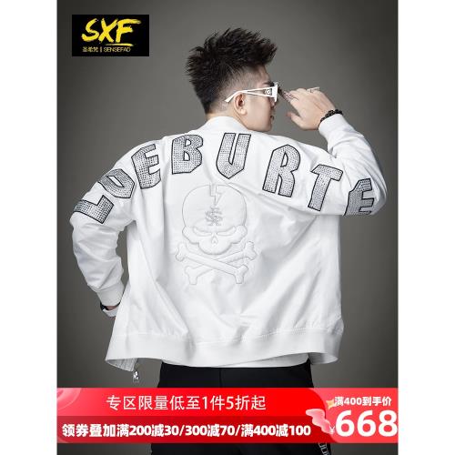 SXF圣希梵外套男 2023新款寬松落肩棒球服燙鉆骷髏頭夾棉夾克男潮