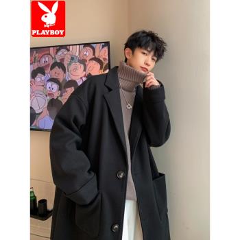 花花公子毛呢大衣男士中長款春秋冬季加厚服黑色風衣西裝呢子外套