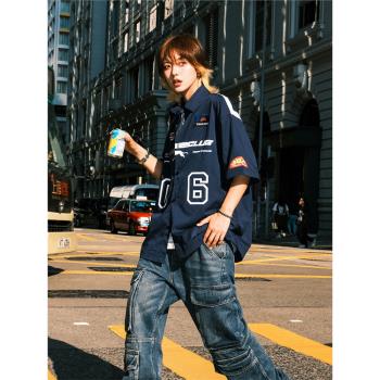 THEWIZBRAND 春夏美式復古潮流運動賽車風短袖襯衫寬松休閑男女