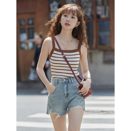 秋曦冰絲條紋針織背心女2024新款顯瘦內搭無袖上衣辣妹小吊帶外穿