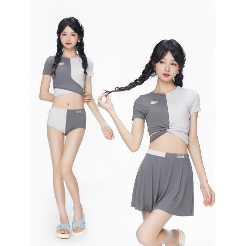 2025年新款性感分體裙式高腰比基尼小胸短袖運動拼色學生保守泳衣