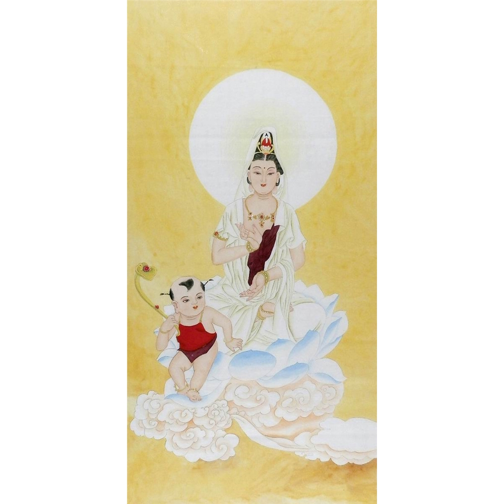 中国古美術・純手描き四尺観音菩薩掛軸・水彩画・張大千印款・珍品画・肉筆・文房置物 工筆畫無款國畫人物純手繪字畫四尺觀音菩薩送子釋迦牟尼佛136GG|國畫