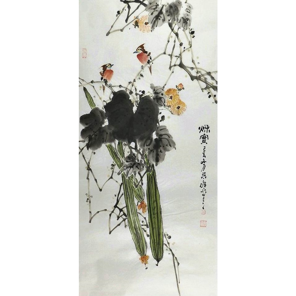 國畫花鳥畫手繪字畫田園裝飾畫孫藝群小三尺荷花石榴葫蘆A96GG|國畫