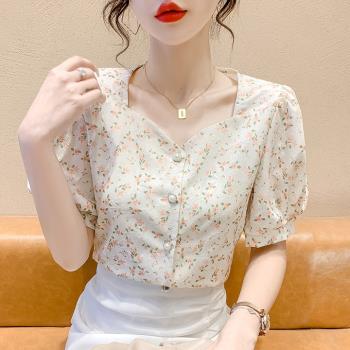 法式鎖骨方領碎花夏裝短袖襯衫