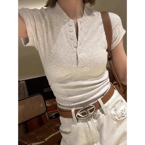 美式復古辣妹排扣正肩短袖t恤女夏季修身顯瘦設計感小眾短款上衣