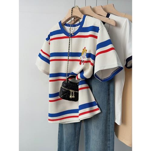 品牌折扣外貿尾單純棉條紋短袖T恤女夏季寬松高級感減齡刺繡上衣