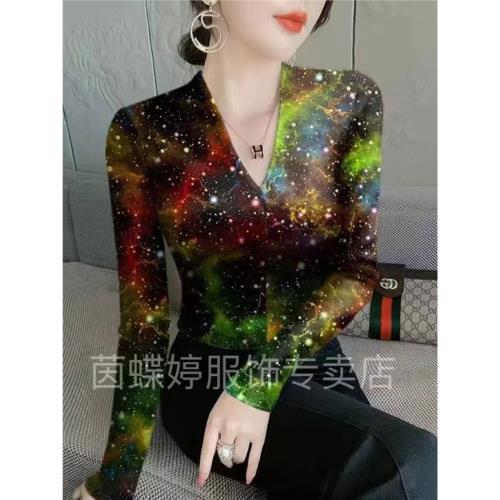 優質面料V領打底衫女裝新款洋氣印花長袖T恤內搭修身顯瘦氣質上衣